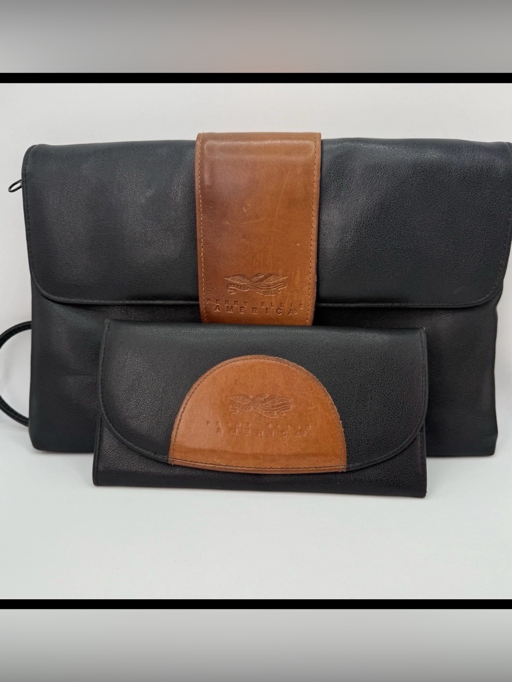 Perry Ellis America Black w/ Brown Flap Faux Leather Med Shoulder Bag & Wallet